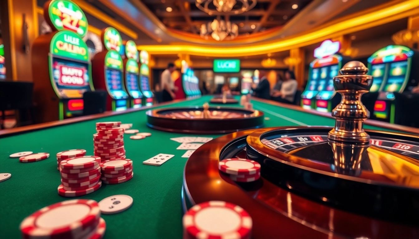 Engage in high-stakes gameplay at LUCK8's vibrant casino tables featuring poker chips and roulette.
