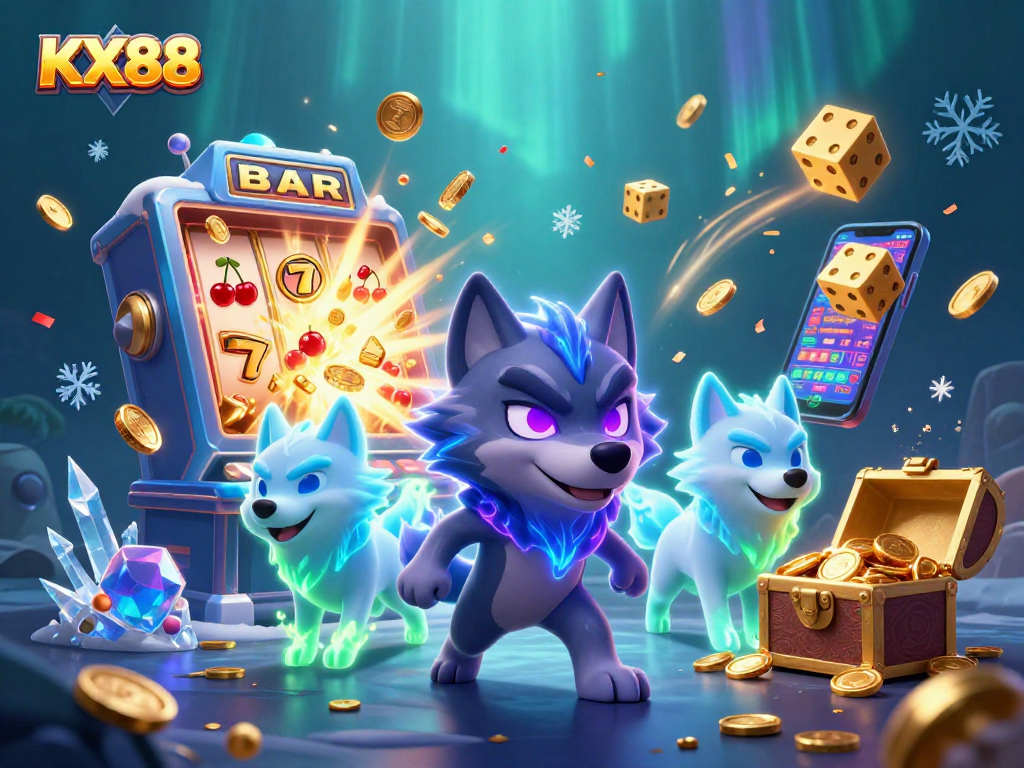 KX88 features a dynamic scene with glowing wolves and casino elements celebrating a jackpot.