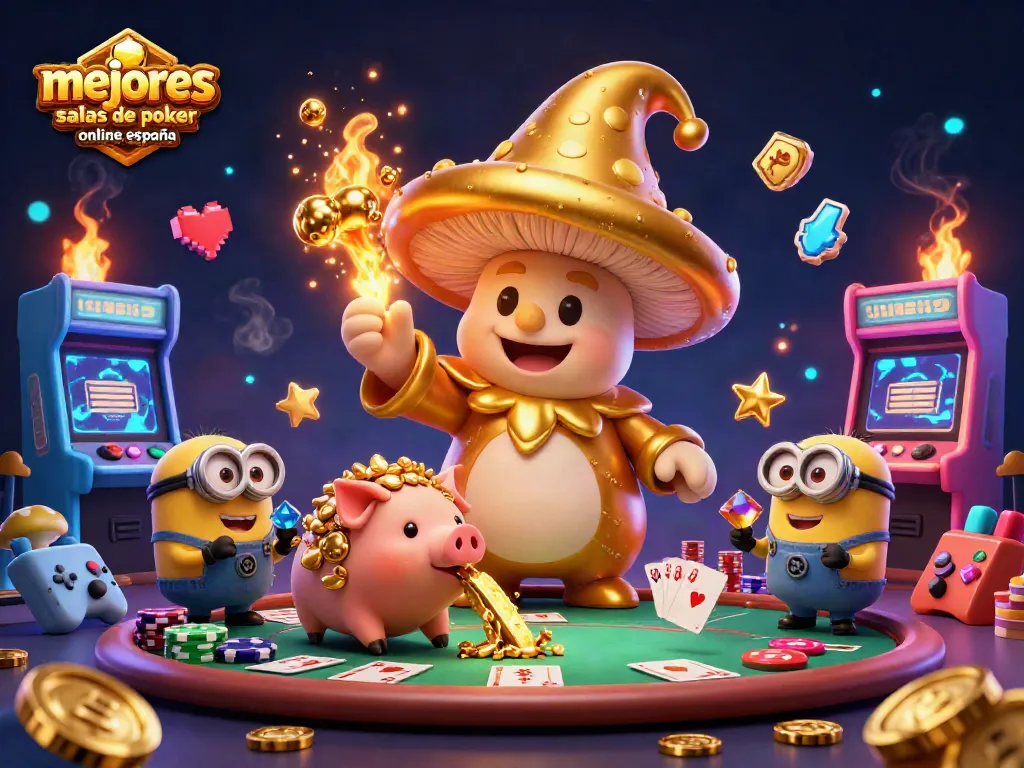 Explora las mejores salas de póker online en España con una vibrante escena de juego y personajes mágicos.