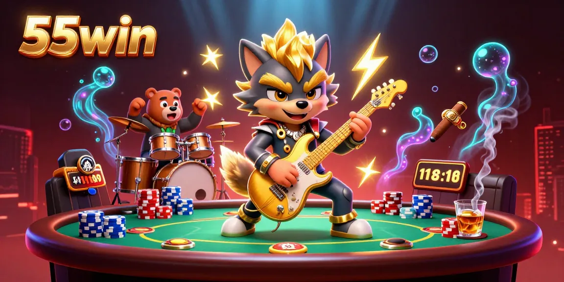 Experience thrilling gameplay with 55win as cartoon characters rock out on a vibrant casino stage.