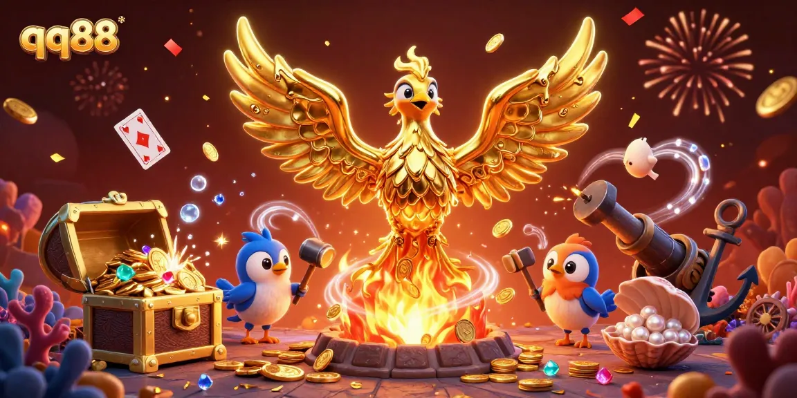 Win big with qq88's enchanting online casino experience featuring a golden phoenix and spectacular game elements.