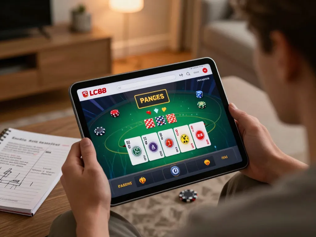 Engaging with LC88 casino app while playing live dealer blackjack on tablet in a cozy setup.