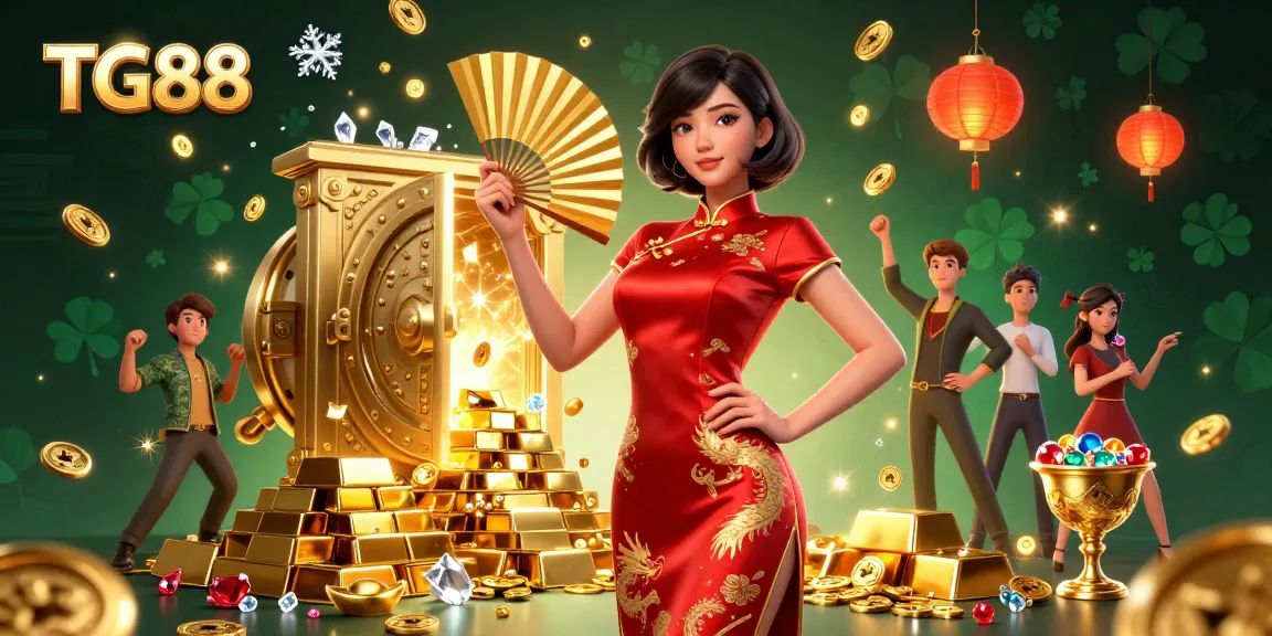 TG88 showcases a radiant Asian woman in a qipao amidst golden treasures and casino elements.