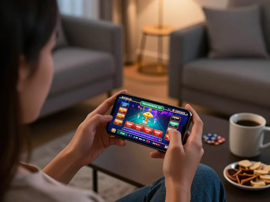 Engaging woman playing casino games on smartphone at home, showcasing nhà cái tặng tiền offers.