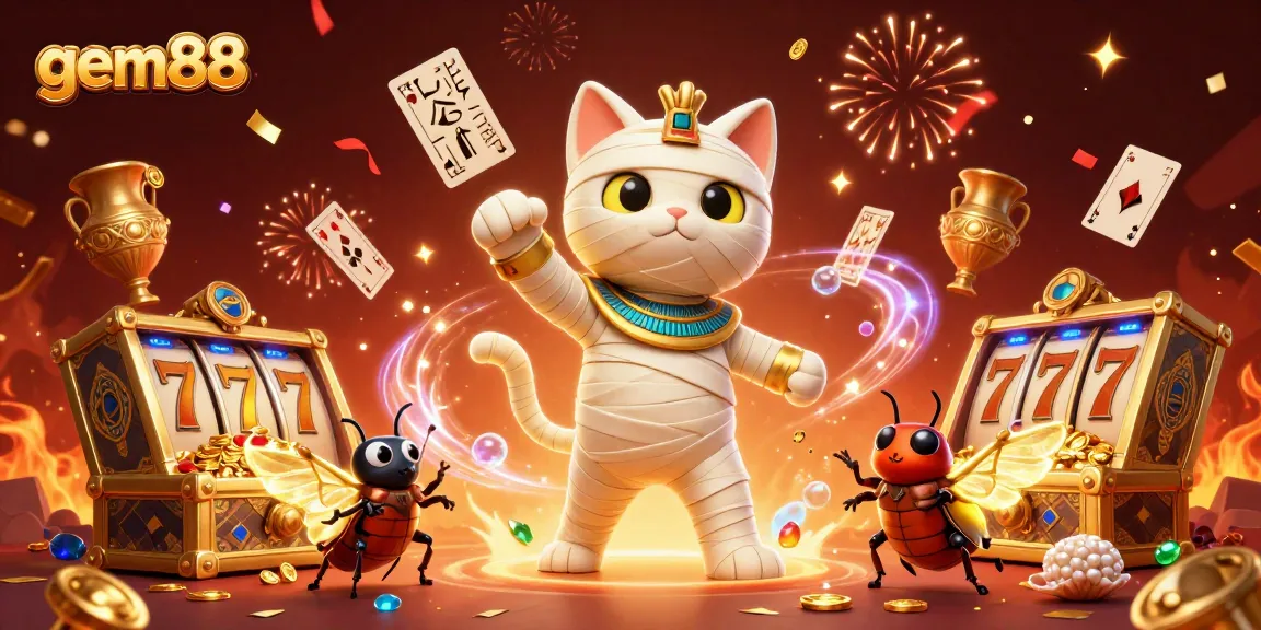 Experience the excitement of gem88 as a mummy cat reveals treasures in a vibrant casino scene.