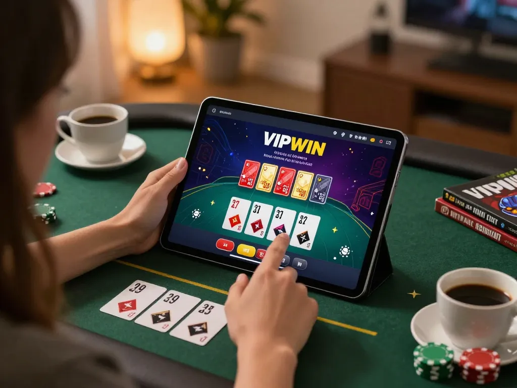 VIPWIN user's engaging online poker session at home, showcasing casino app interface.