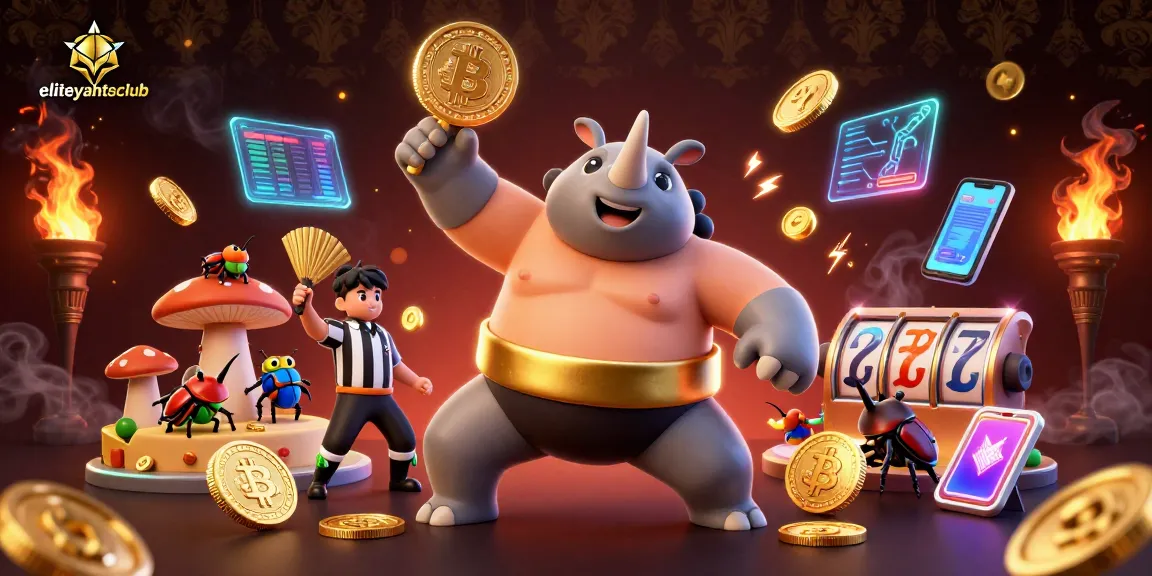 Join the excitement at eliteyachtsclub with a vibrant 3D illustration of a beetle sumo champion amidst flying golden coins and crypto elements.