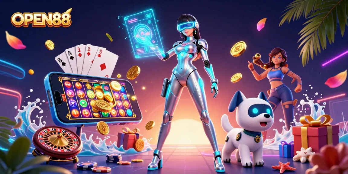 Experience thrilling gaming at OPEN88 with a vivid 3D illustration that showcases vibrant casino elements.