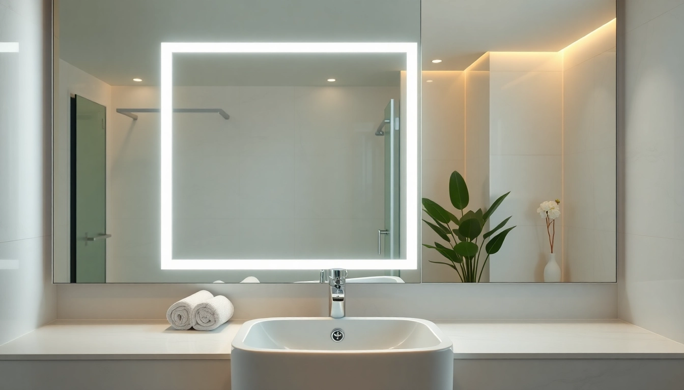 Illuminate your space with a stylish mirror and led lights, enhancing bathroom aesthetics.