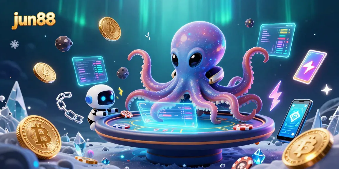 Engage with jun88's vibrant casino experience featuring an alien octopus at a holographic poker table.