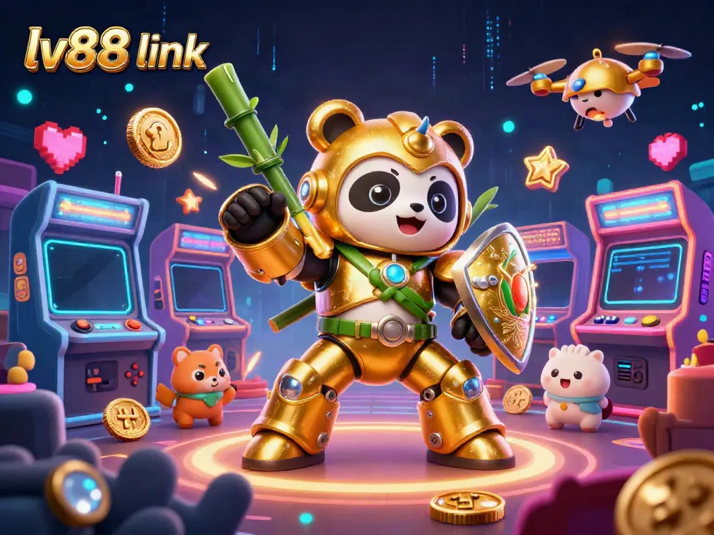 Play casino games with excitement at the lv88 link featuring a dynamic mech-suit panda battle scene.
