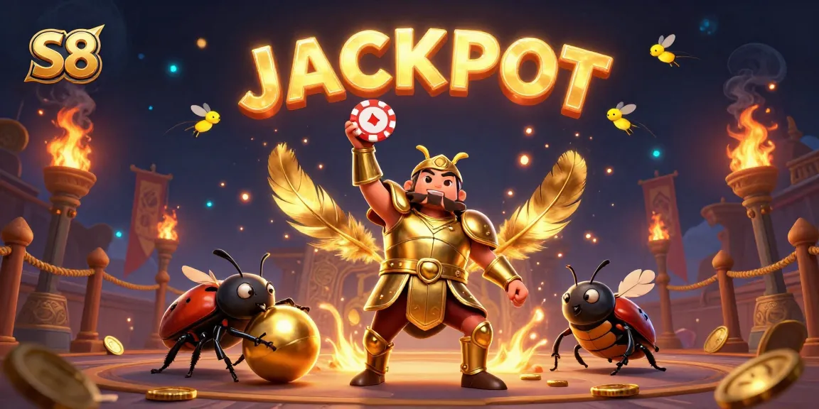 Join the S8 jackpot celebration as a heroic beetle triumphs in a vibrant casino arena.