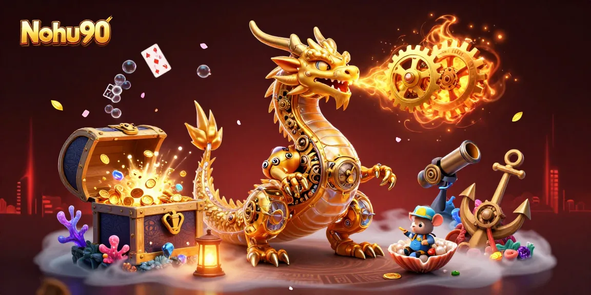 Nohu90 showcases a vibrant 3D scene with a golden dragon among sparkling treasures and gaming elements.