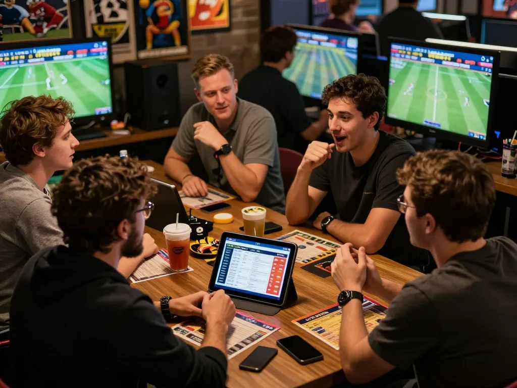 Engaged bettors using the tylekeo app to place sports bets, showcasing a social atmosphere and excitement.