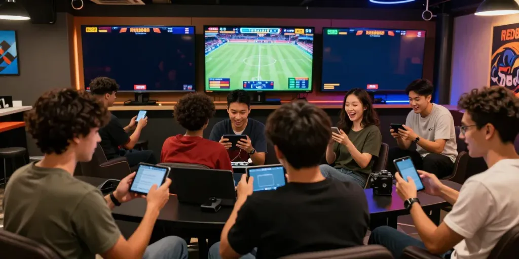 Friends enjoying a live gaming session at RED88, engaged with mobile devices and a vibrant sports event in the background.