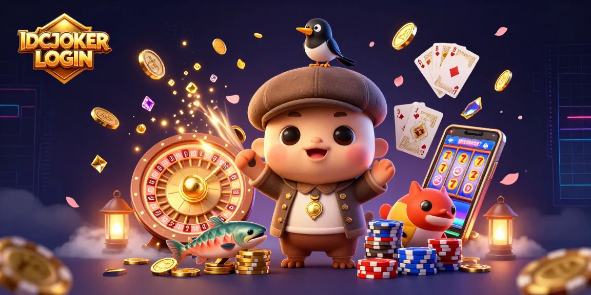 IDCJOKER LOGIN showcases a vibrant and dynamic slot gaming scene featuring popular characters, golden coins, and a smartphone.