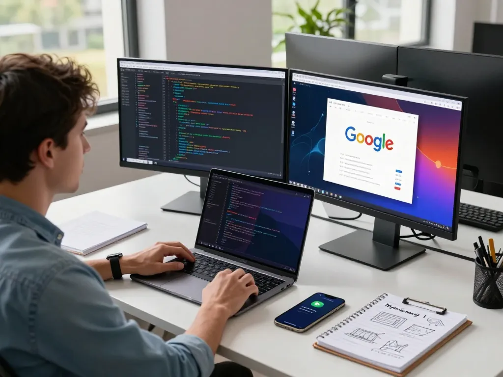Developer using 谷歌浏览器 on dual monitors for coding in a bright office environment.