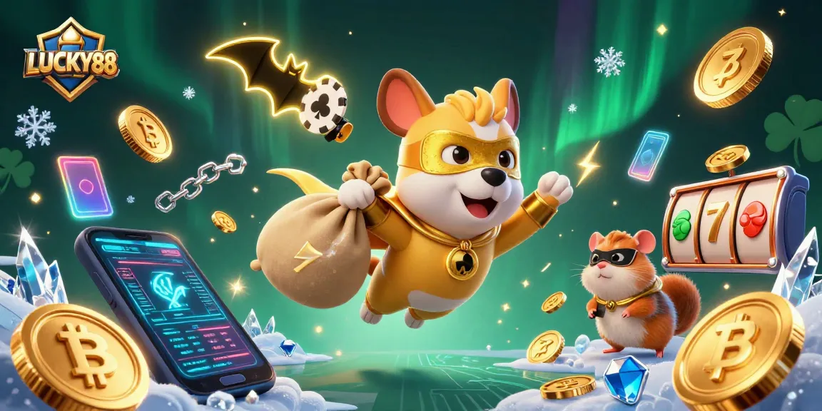 LUCKY88 brings winning excitement with a heroic dog and sidekick in a vibrant casino scene.