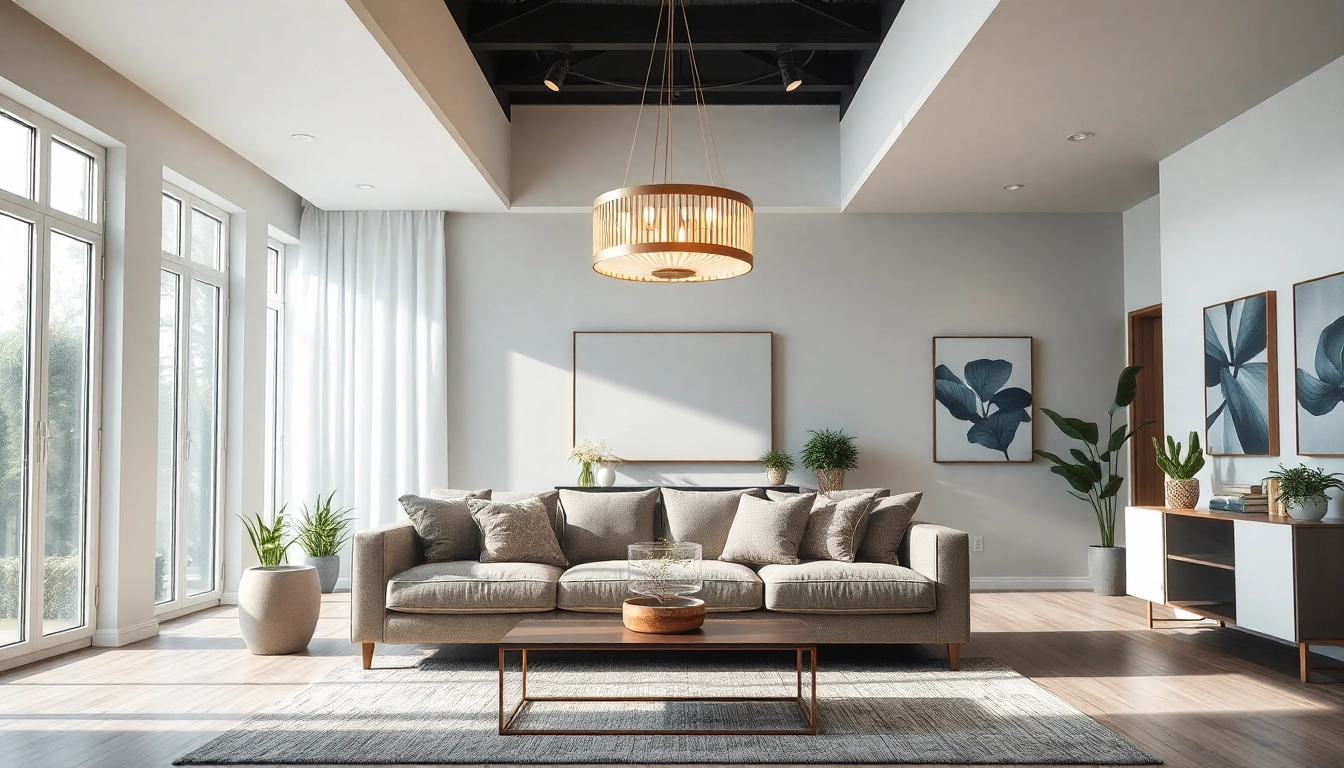 Shop ModernLighting with stylish chandelier in a bright living room setting.