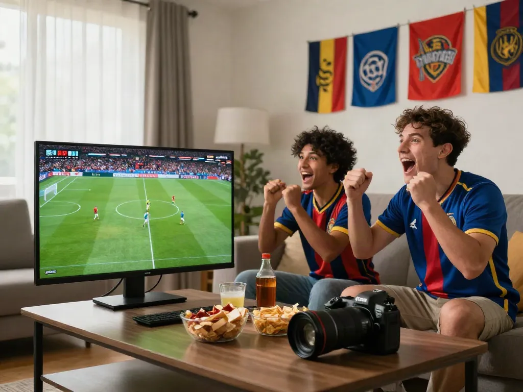 Football fan enjoying live streaming at https://xoilactvlive.net/ with snacks, team jersey, and vibrant atmosphere.
