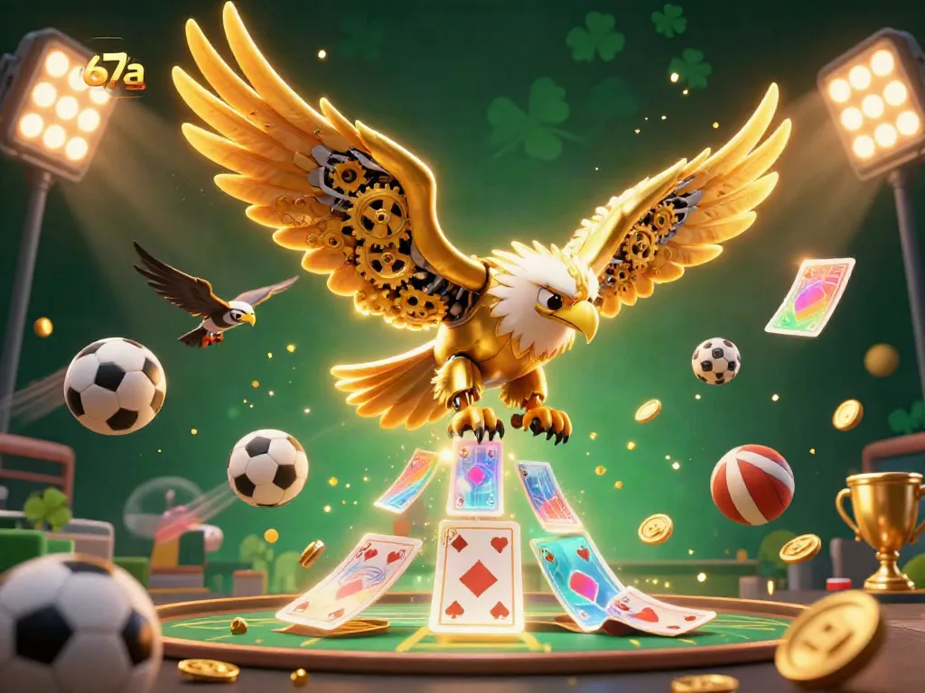 Engage with the thrilling world of 67a, featuring a dynamic cybernetic eagle among glowing cards and sports elements.