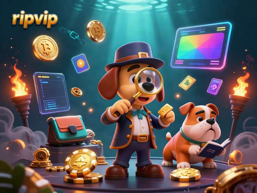 Engage with ripvip by following the detective leading a treasure hunt with poker chips and crypto coins.