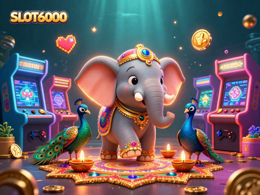 SLOT6000 showcases a vibrant and dynamic 3D illustration featuring gambling elements and enchanting characters.