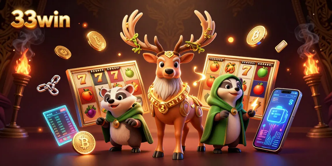 Win big at 33win with dynamic slot games and crypto rewards illustrated in vibrant detail.