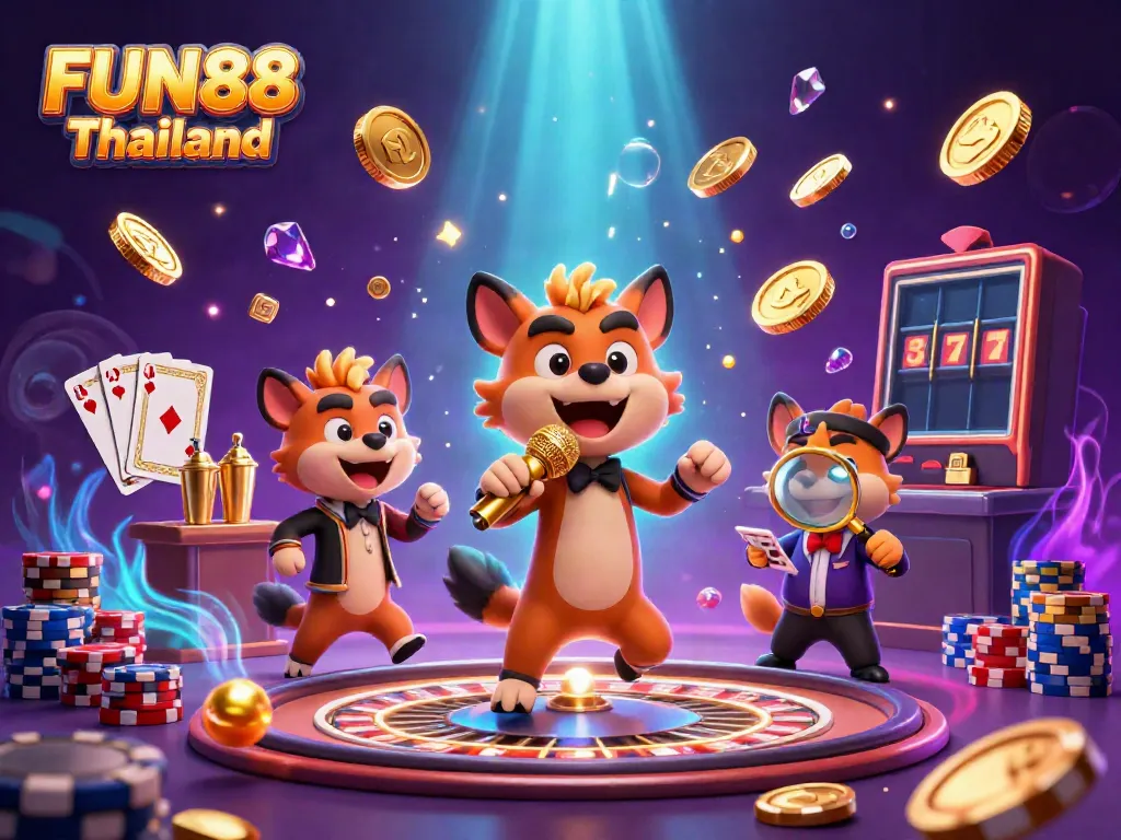 Entertain at FUN88 Thailand with a lively scene of hyenas in a casino, sparkling gems, and gold.