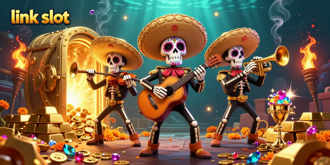 Join the lively mariachi skeletons in a vibrant link slot celebration with dazzling treasures.