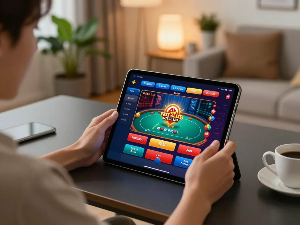 Engaging player enjoying online poker at cổng game HITCLUB on a tablet in a cozy home setting.
