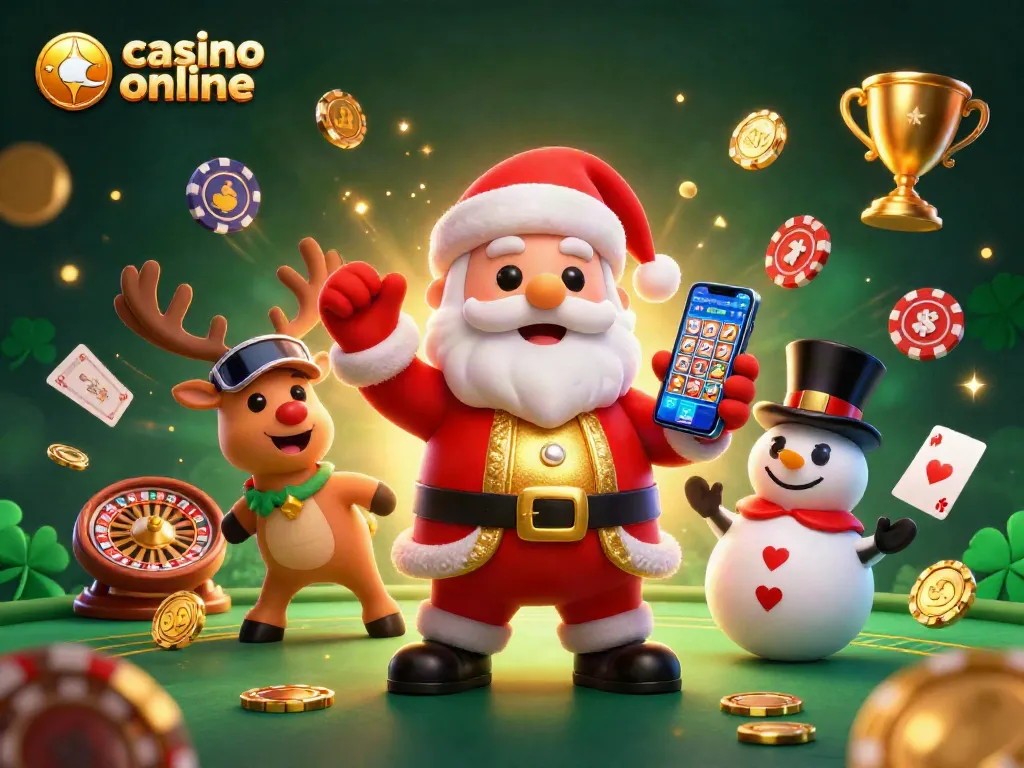 Disfruta de la emoción del casino online con Santa Claus, su reno y un muñeco de nieve rodeados de slots y elementos de juego.