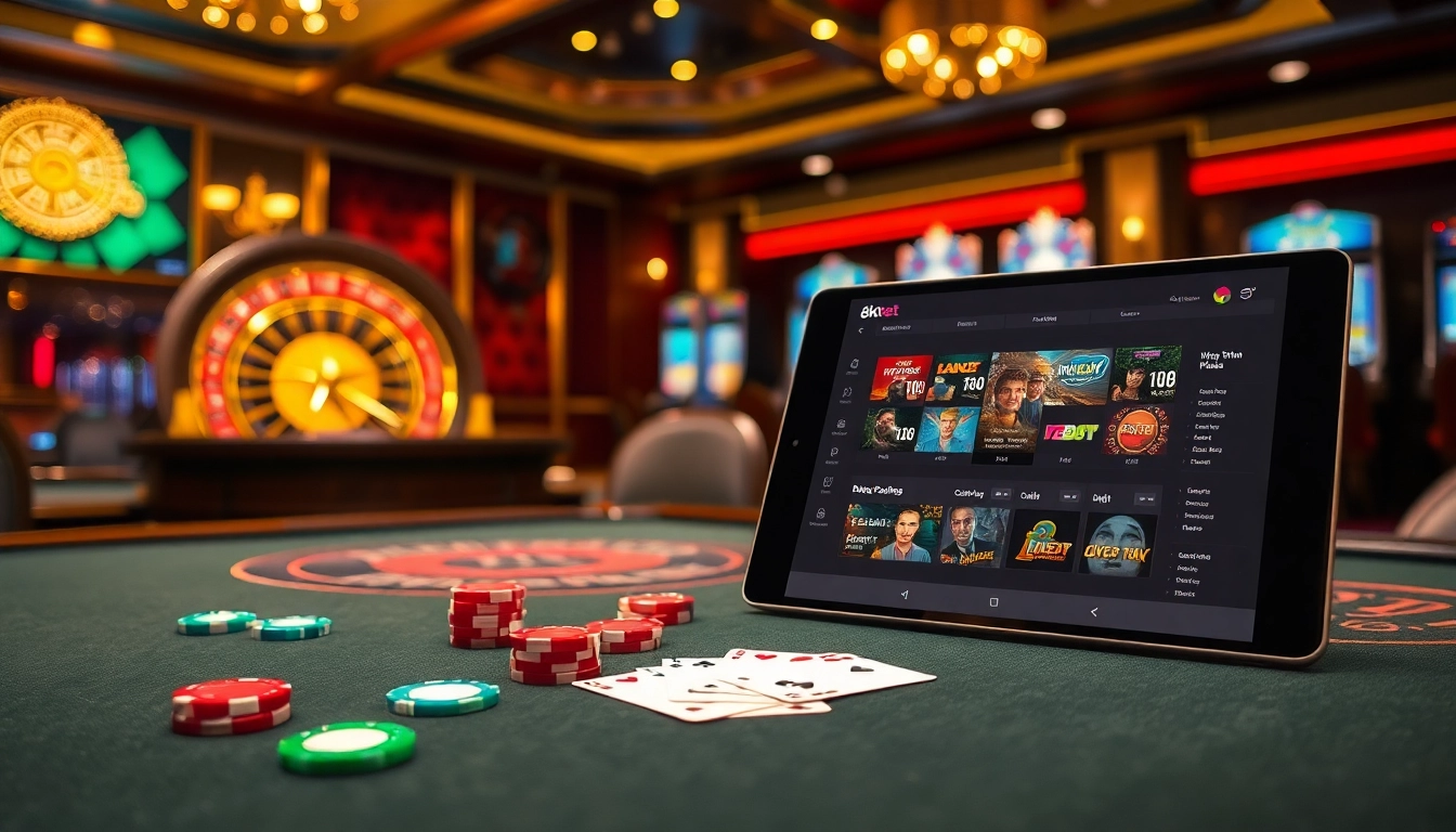 Experience the thrill at 8kbet with vibrant poker chips and an exciting roulette wheel.