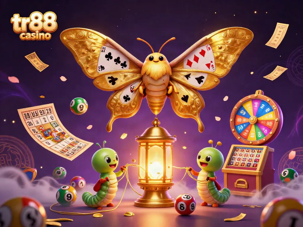Experience the thrill of tr88 casino in a vibrant 3D illustration featuring a majestic moth and gaming elements.