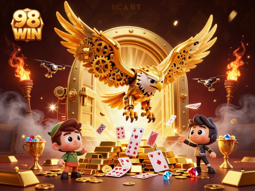 Engage in thrilling games at 98 WIN with our dynamic golden eagle illustration filled with treasures.