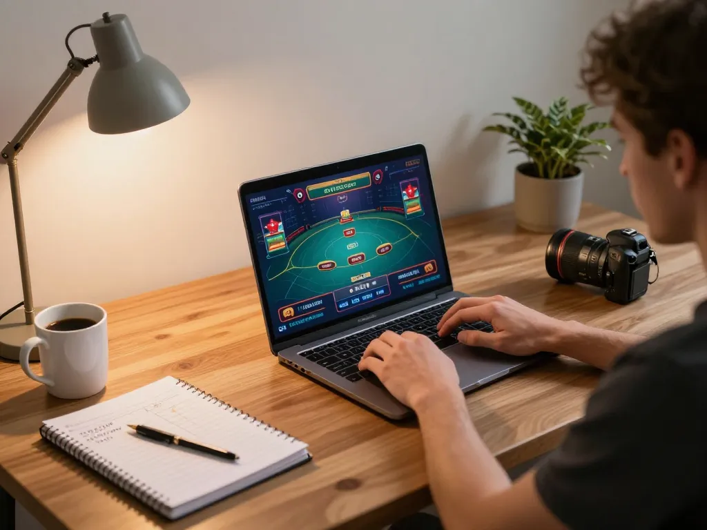 Player enjoying luck8's online casino game on laptop with strategic notes around