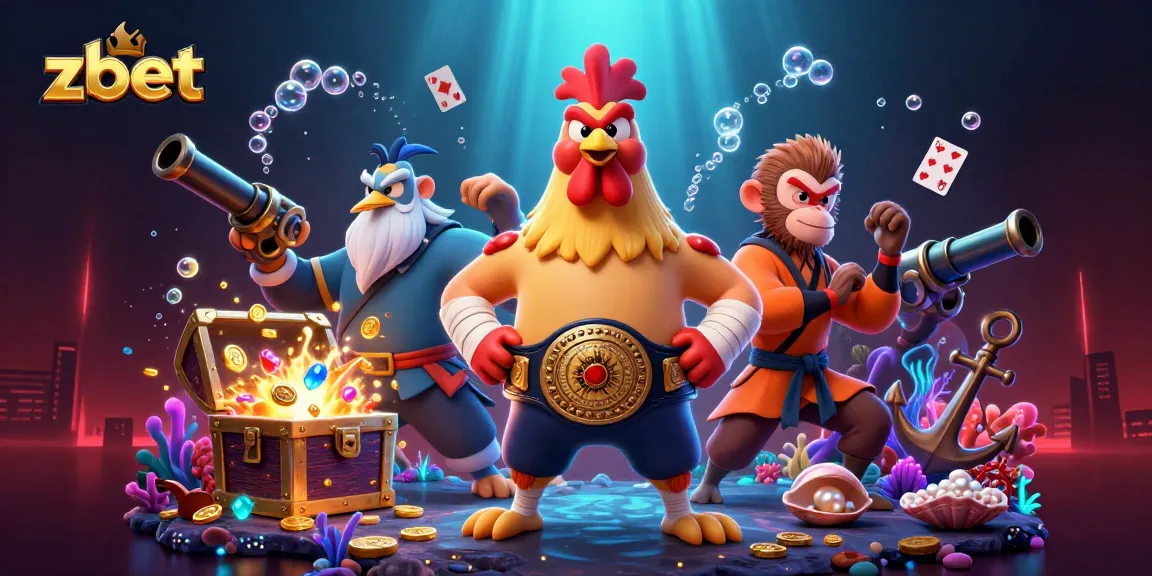Experience zbet's dynamic gaming action with our vivid 3D casino scene featuring unique characters and treasures.