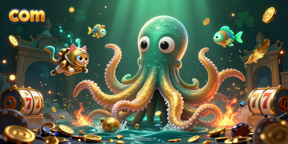 Engage with the com-themed underwater casino scene featuring a kraken, diving cat, and treasures.