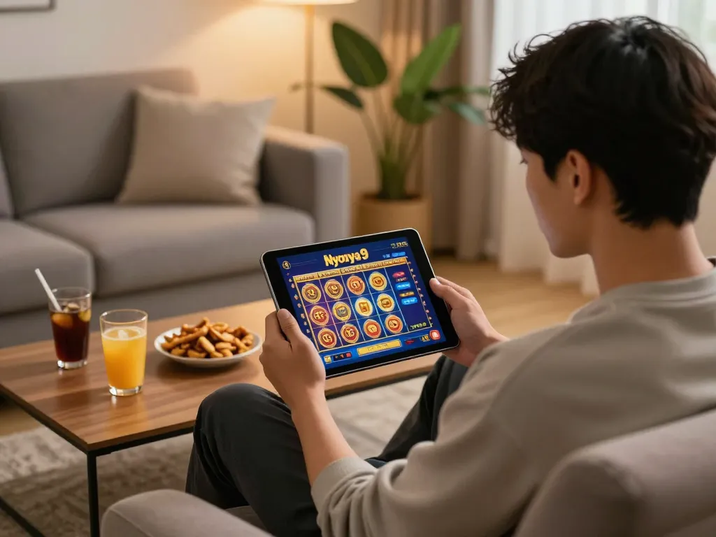 Nyonya9 player enjoying online slots on tablet in cozy home setting with snacks and drinks.