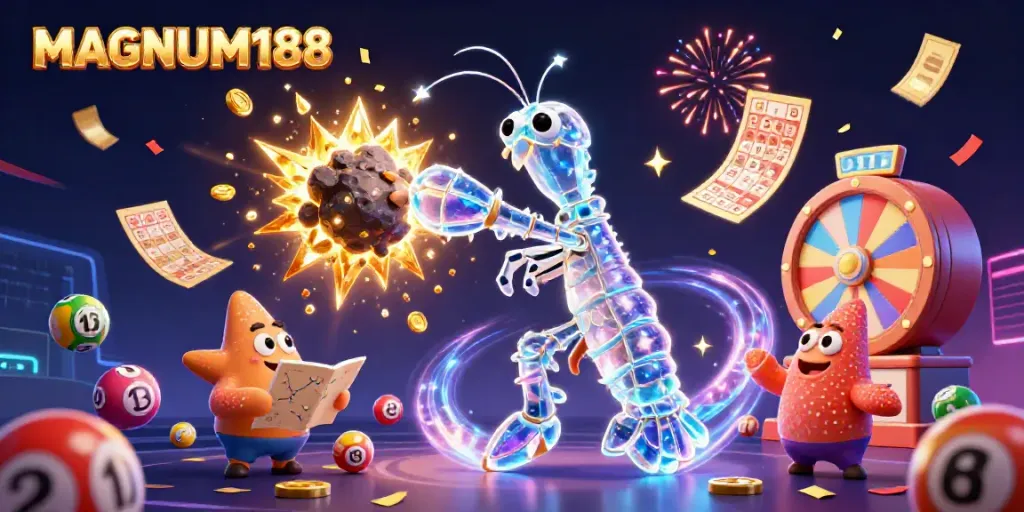 Experience the excitement of MAGNUM188 with a galactic samurai and lottery elements in a vibrant casino illustration.