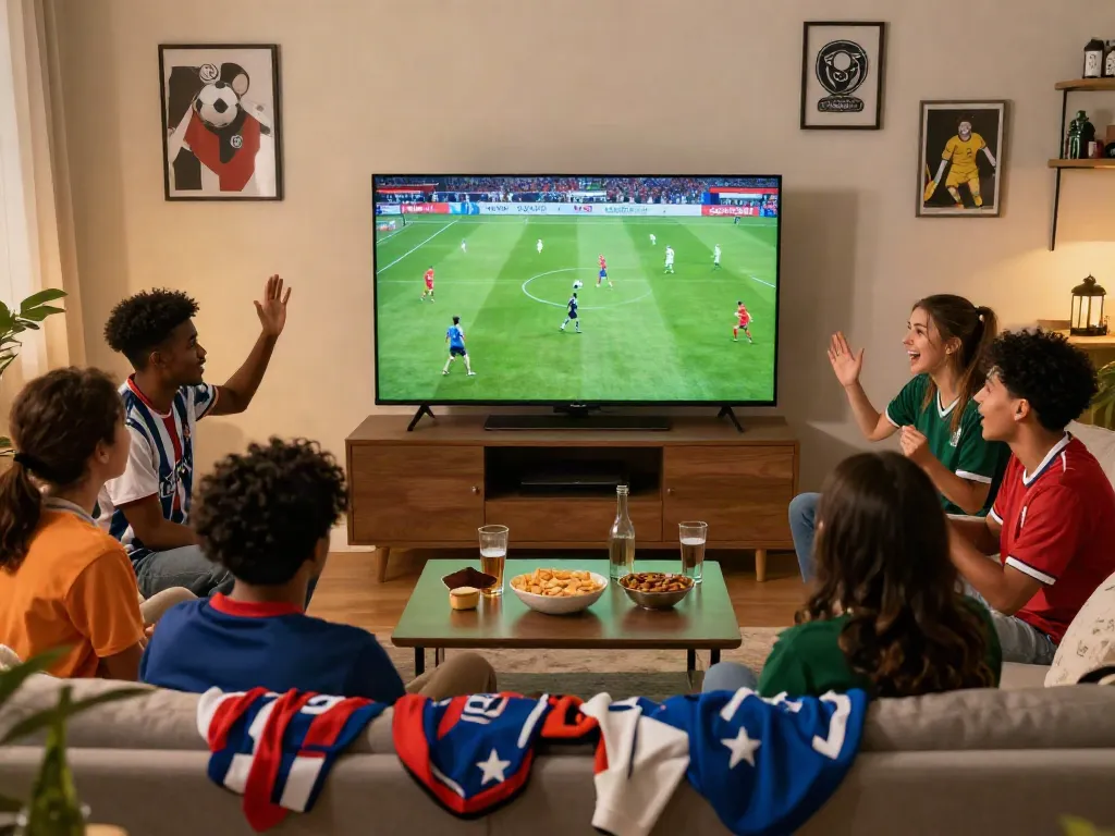Fans enjoying a football match on gavangtv.study in a cozy living room.