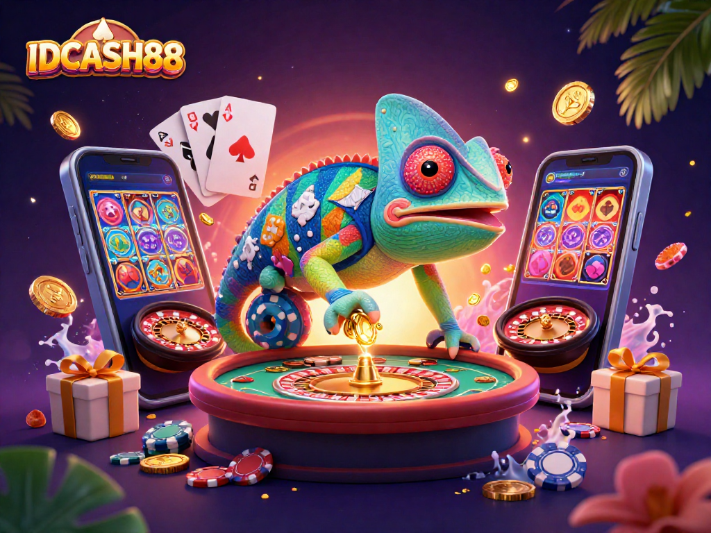 Experience thrilling gaming excitement with IDCASH88, featuring dynamic casino elements and vibrant characters.