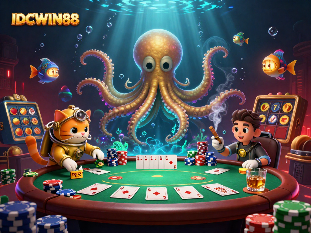 Engage with IDCWIN88's thrilling 3D illustration featuring a vibrant kraken and a diving cat immersed in casino excitement.