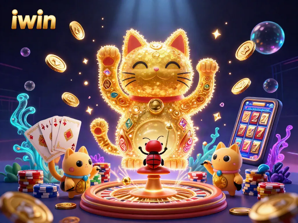 Experience the iwin magic with vibrant fireflies forming a lucky cat in an enchanting casino scene.