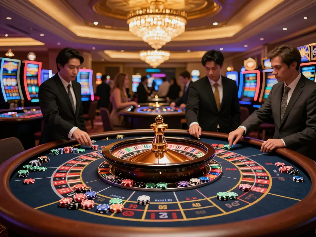 SLOT777 roulette table featuring players engaged in thrilling betting, vibrant casino ambiance with illuminated elements