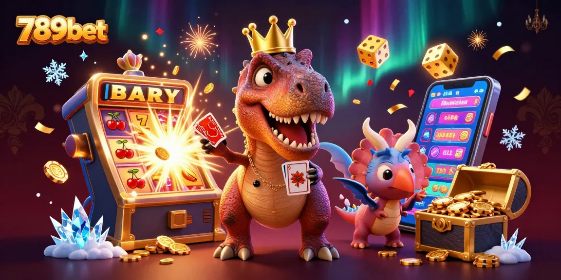 Experience the thrill of 789bet with a T-Rex dealing cards and festive casino elements.