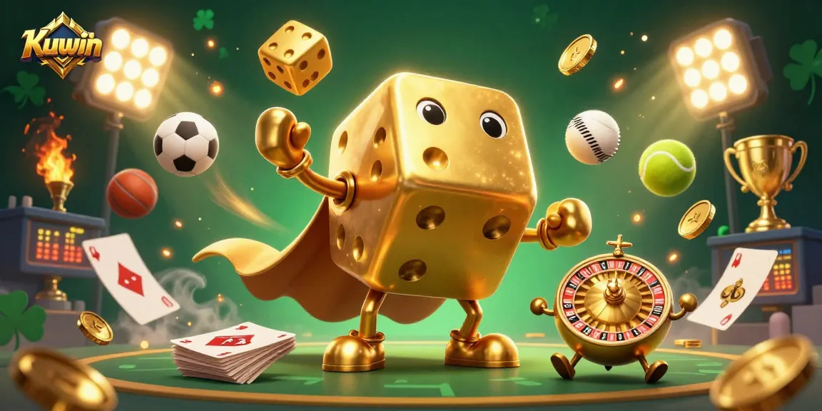 Kuwin showcases vibrant gambling fun with golden dice, sports elements, and dynamic gameplay in a lively casino scene.