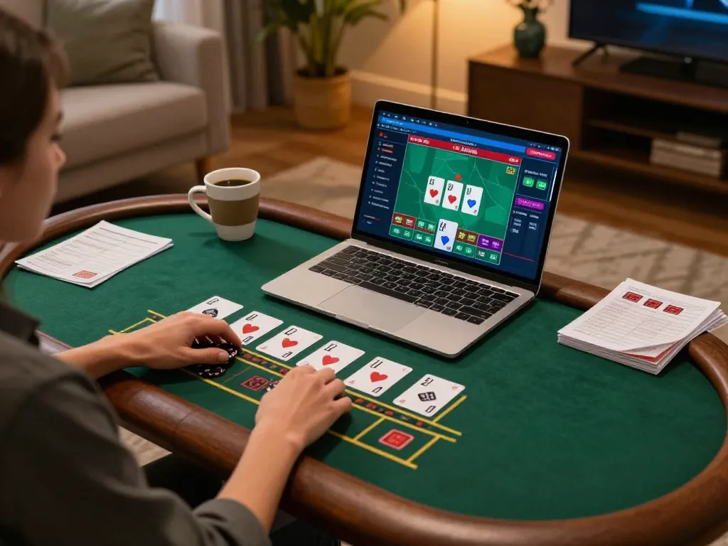 Player explores VA88 online blackjack strategy in warm home gaming setup with laptop.