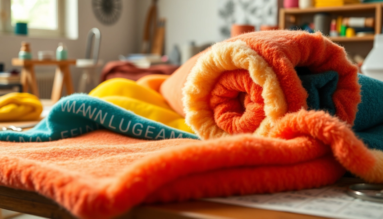 Vibrant fleece stof per meter on workshop table with sewing tools highlighting creativity.