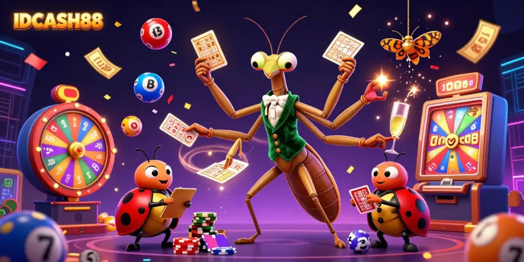 Experience thrilling slots action at IDCASH88 with a dynamic illustration featuring a mantis card sharp and colorful game elements.